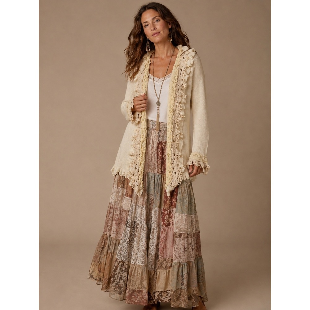 Shabby Chic Open Front Cardigan Jamie Gries Sz L Cream Fairycore Boho Cottage